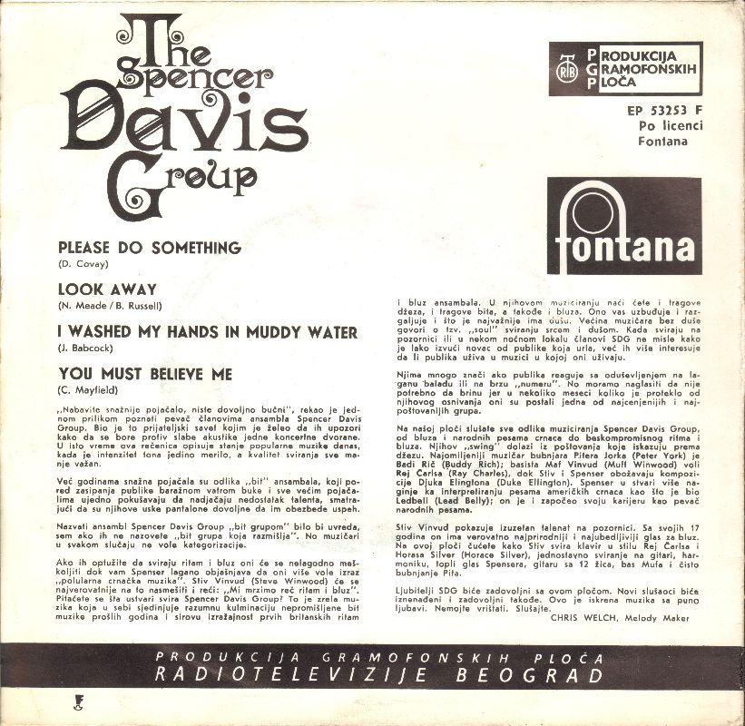 Back of record sleeve Please Do Something/Look Away/I Washed My Hands In Muddy Water/You Must Believe Me